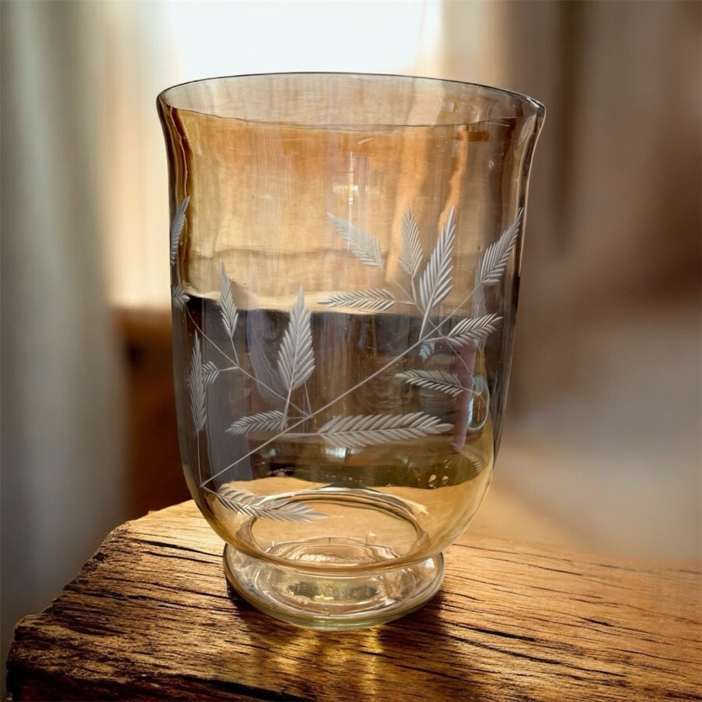 Etched Hurricane Glass Candle Holder with Wheat design